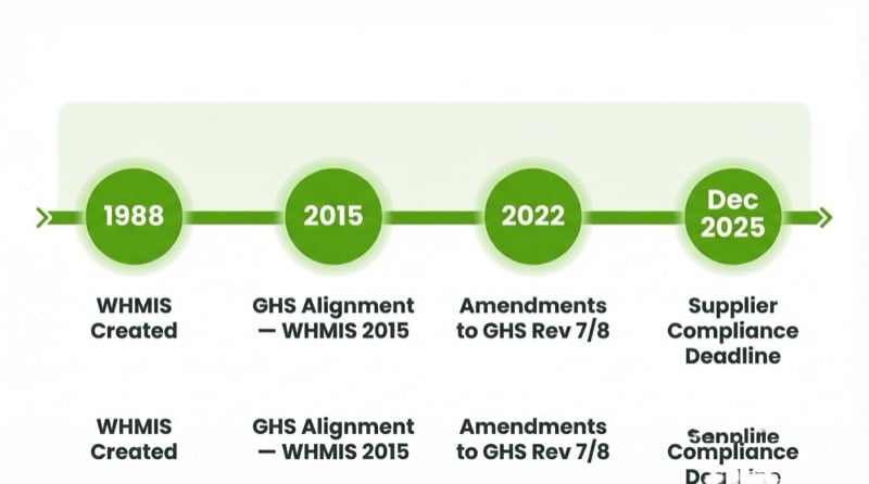 WHMIS timeline from 1988 creation through 2015 GHS alignment, 2022 amendments, to December 2025 supplier compliance deadline
