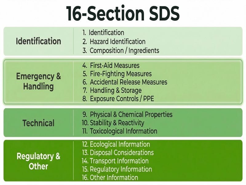 16-section Safety Data Sheet structure organized in four groups: Identification, Emergency and Handling, Technical, and Regulatory