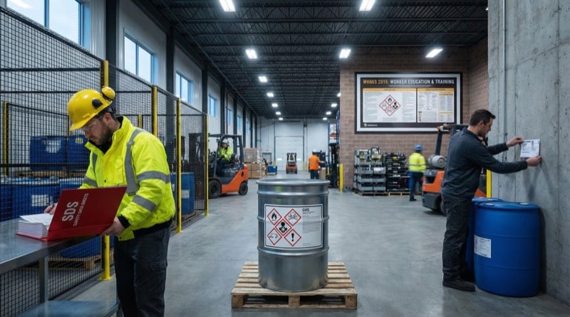 Canadian warehouse showing the four elements of WHMIS: a worker reviewing Safety Data Sheets, a GHS-labeled chemical drum, workplace labels on the wall, and a WHMIS training poster