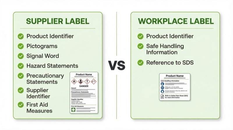 Comparison of WHMIS supplier label and workplace label requirements showing required elements for each type