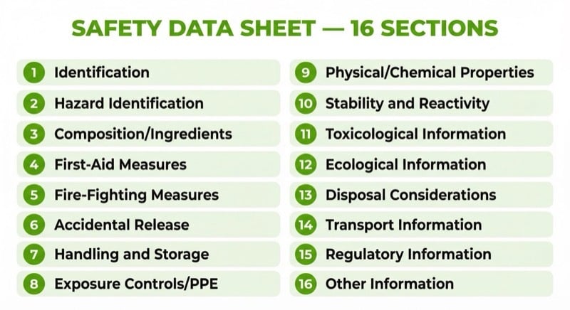 Overview of the 16 standardized sections in a WHMIS Safety Data Sheet from Identification through Other Information