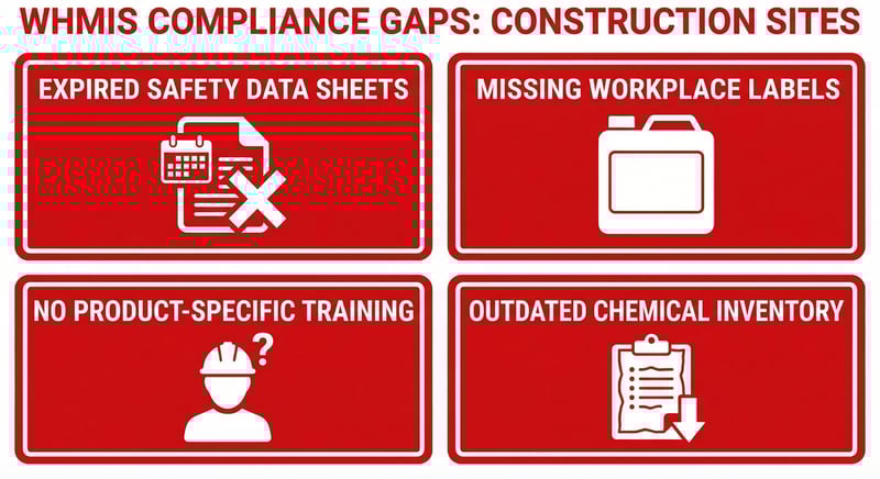 Infographic showing common WHMIS compliance gaps found on Canadian construction sites