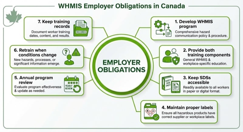 Employer obligations under WHMIS in Canada including developing programs, providing training, and maintaining SDSs