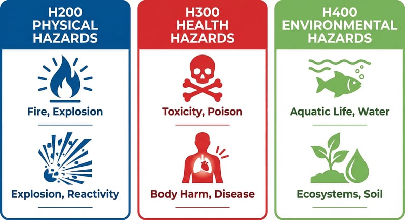 Infographic showing the three series of WHMIS hazard statement H-codes: H200 physical, H300 health, H400 environmental