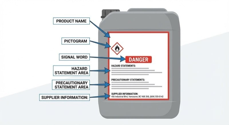 Anatomy of a WHMIS label showing where signal words and hazard statements appear alongside pictograms and precautionary statements