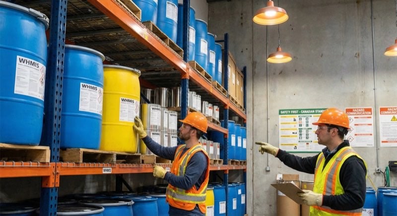 Properly labelled chemical containers on organized storage shelves in a Canadian workplace