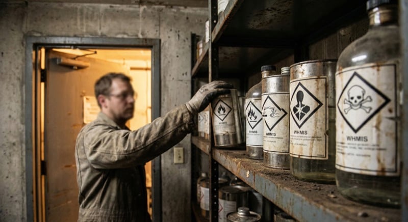 Proper chemical storage cabinet with WHMIS-labeled containers and safety equipment on a construction site