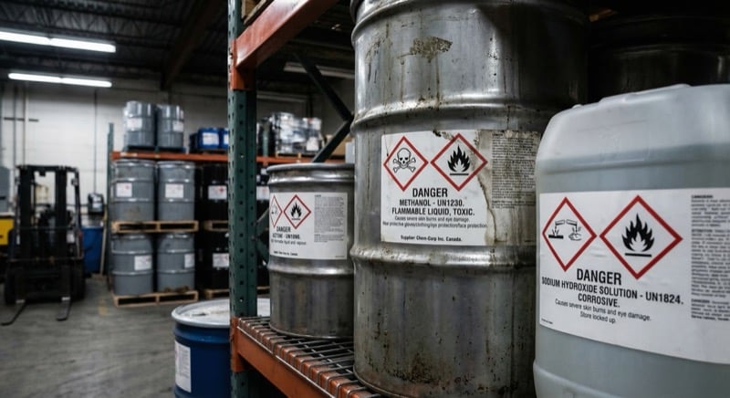 WHMIS hazard pictograms displayed on chemical containers in an industrial workplace