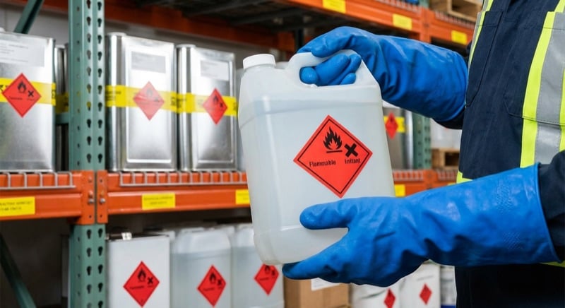 Construction worker examining WHMIS hazard labels on chemical containers in a storage area
