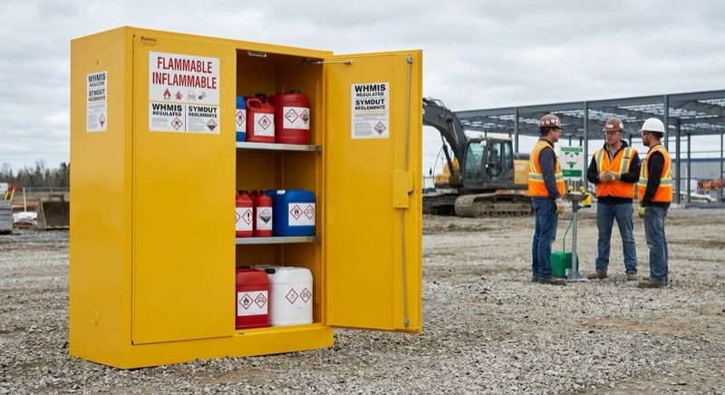 Proper chemical storage cabinet with WHMIS-labeled containers and safety equipment on a construction site
