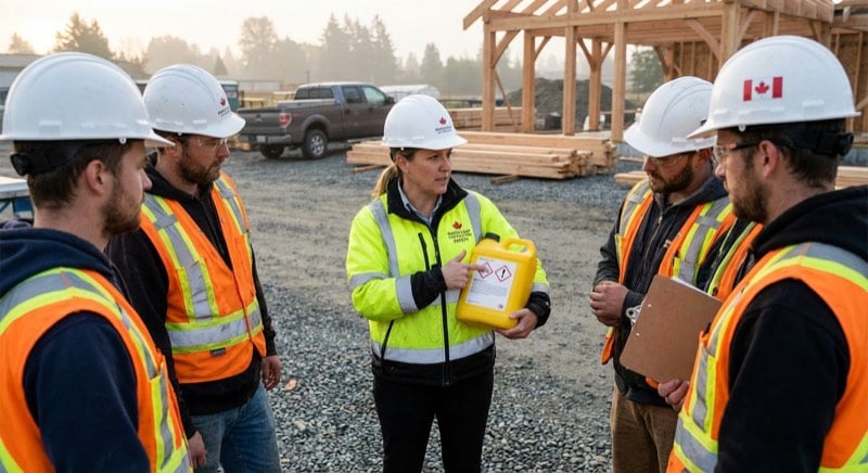 Safety coordinator leading a toolbox talk on chemical hazard pictograms with construction crew on site