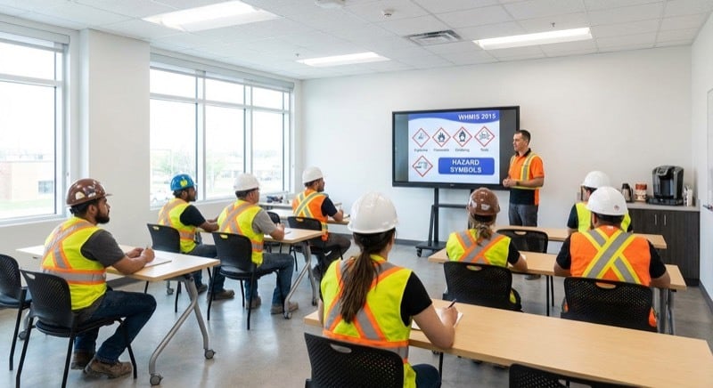 Construction crew in a WHMIS safety training session learning to identify hazard pictograms