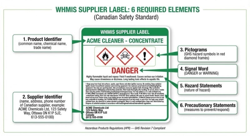 Infographic showing the 6 required elements of a WHMIS supplier label in Canada