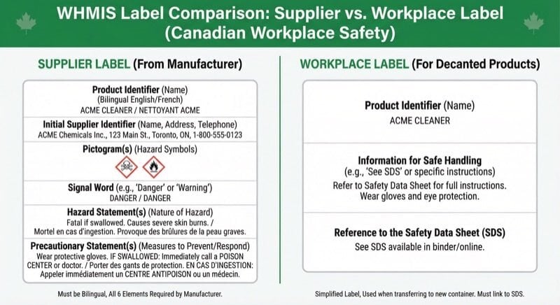 Comparison infographic of WHMIS supplier label versus workplace label requirements
