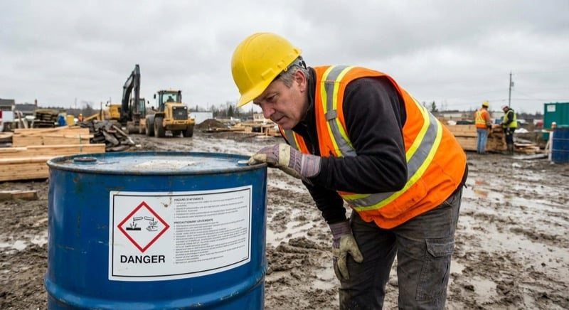 Construction worker on a Canadian job site examining a chemical product label