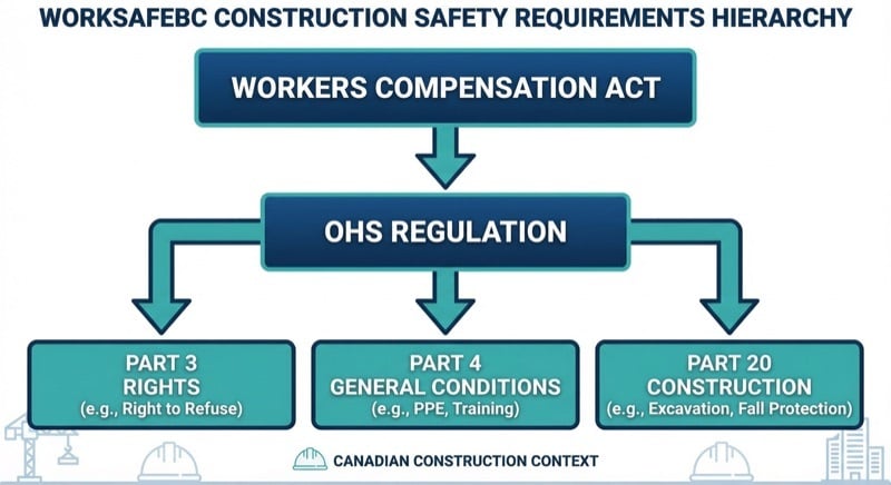 WorkSafeBC OHS Regulation hierarchy showing Part 3 Rights, Part 4 General Conditions, and Part 20 Construction requirements