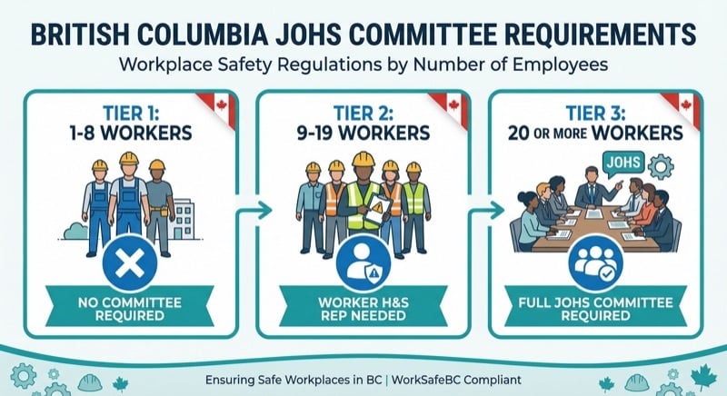 JOHS committee thresholds in BC: under 9 workers no committee required, 9-19 workers need a representative, 20 or more workers need a full JOHS committee