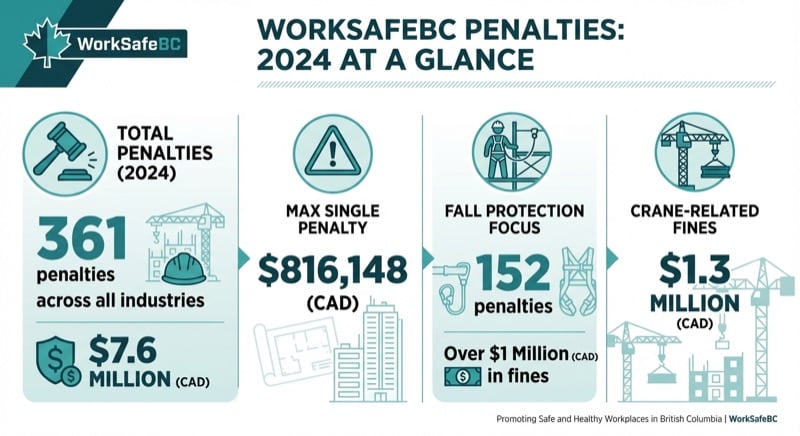 WorkSafeBC 2024 penalties infographic: 361 penalties across all industries totalling $7.6 million, max single penalty $816,148, 152 fall protection penalties over $1 million, $1.3 million in crane-related fines