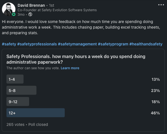 David Brennan Linkedin in Poll How many hours do Safety Professionals spend doing administrative paperwork?