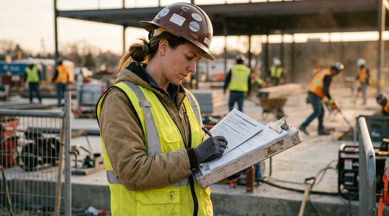 Site supervisor documenting a safety hazard on clipboard while construction workers perform controlled tasks in background