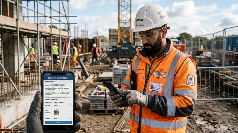 Field supervisor using smartphone to log corrective action request on construction site