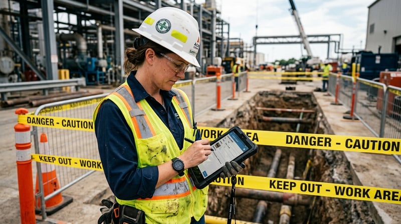 Field supervisor documenting a safety hazard with tablet at marked hazard area on industrial jobsite