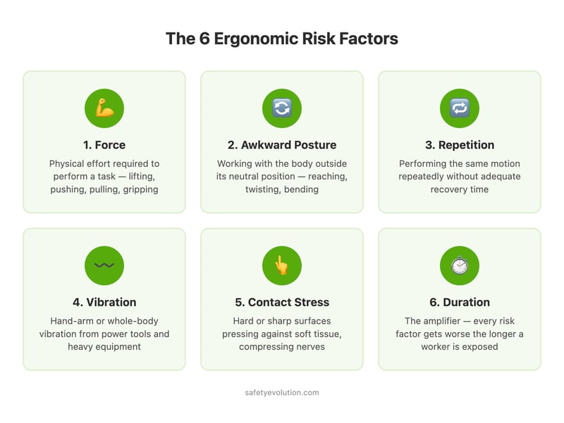 Reference chart showing the 6 ergonomic risk factors: force, awkward posture, repetition, vibration, contact stress, and duration