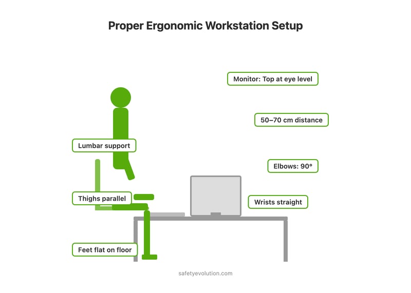 Ergonomic workstation setup diagram showing proper monitor height, chair position, keyboard placement, and posture for office workers