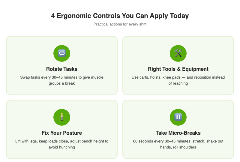 Four practical ergonomic controls for construction sites: rotate tasks, use right tools, fix posture, and take micro-breaks