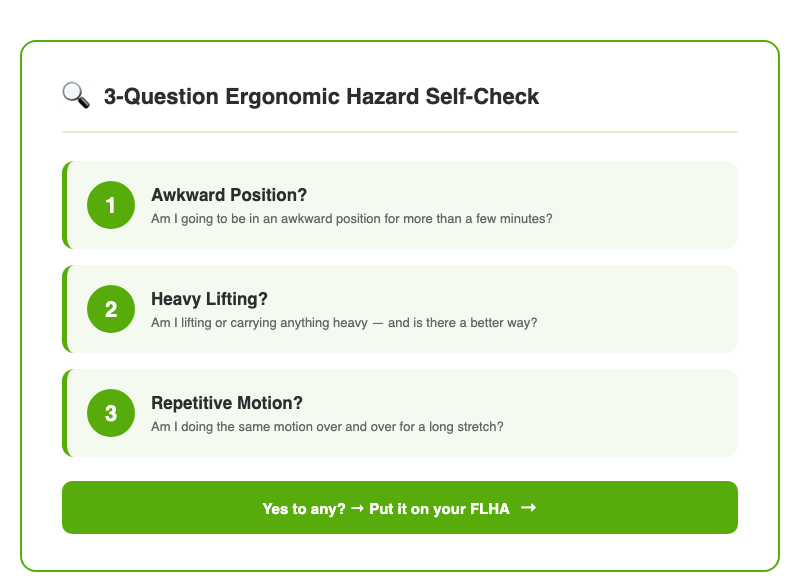Three-question ergonomic hazard self-check: awkward position, heavy lifting, and repetitive motion assessment for job site tasks