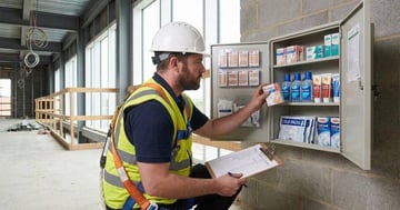 Worker in hi-vis vest auditing first aid kit contents against a checklist at a construction site