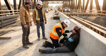 First aid attendant assessing an injured worker on the ground at a construction site while colleagues stand by
