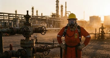 Industrial safety worker in full SCBA protective equipment at an oil and gas facility during golden hour - H2S training certification concept