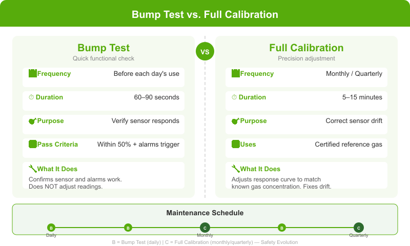 Comparison diagram of H2S monitor bump testing versus full calibration showing frequency, duration, and purpose of each maintenance procedure