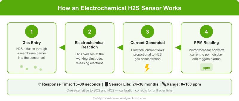 Diagram showing how an electrochemical H2S gas sensor works in four steps: gas enters sensor, electrochemical reaction occurs, current is generated, and microprocessor converts signal to ppm reading