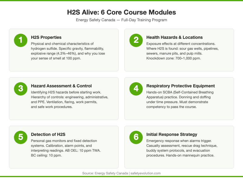 H2S Alive course modules infographic showing all 6 training topics: H2S properties, health hazards, hazard assessment, respiratory equipment, detection, and initial response