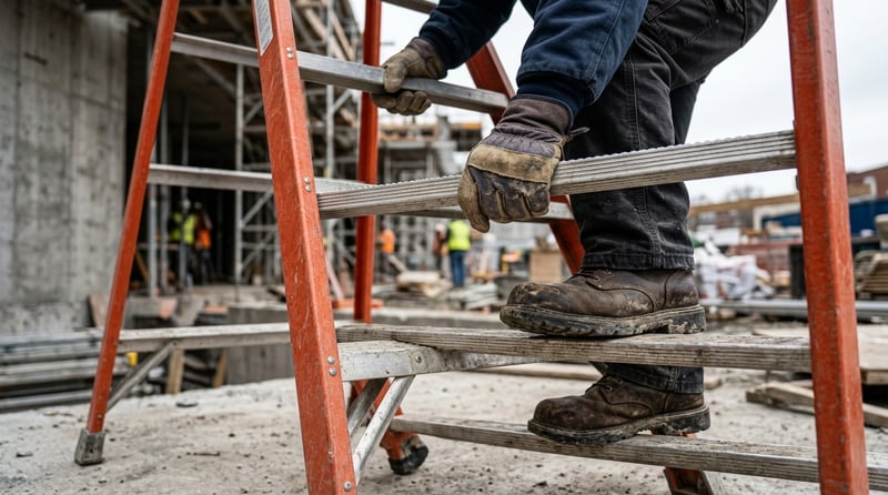 Close-up of a construction worker maintaining three points of contact on a secure ladder.
