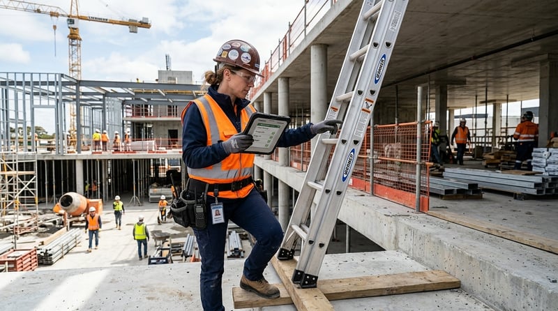 Construction supervisor inspecting a portable ladder on a jobsite using a digital tablet.