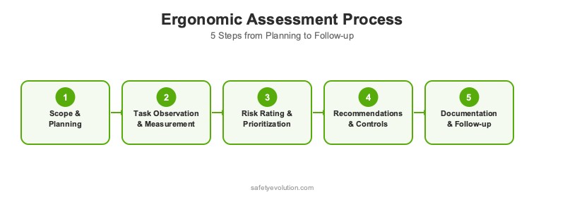 Ergonomic assessment process diagram showing five steps: scope and planning, task observation and measurement, risk rating, recommendations, and documentation