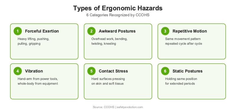 Infographic showing six types of ergonomic hazards: forceful exertion, awkward postures, repetitive motion, vibration, contact stress, and static postures
