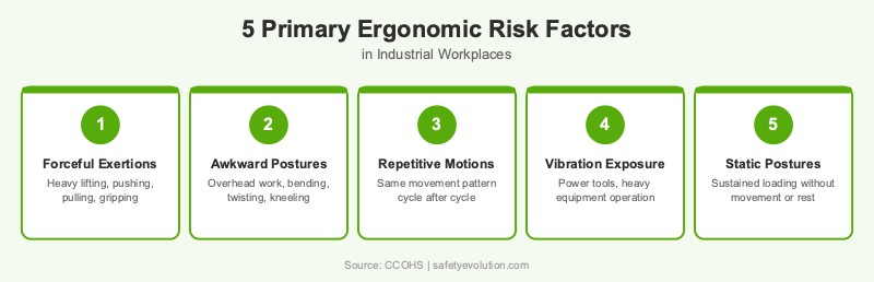 Infographic showing the 5 primary ergonomic risk factors in industrial workplaces: forceful exertions, awkward postures, repetitive motions, vibration exposure, and static postures