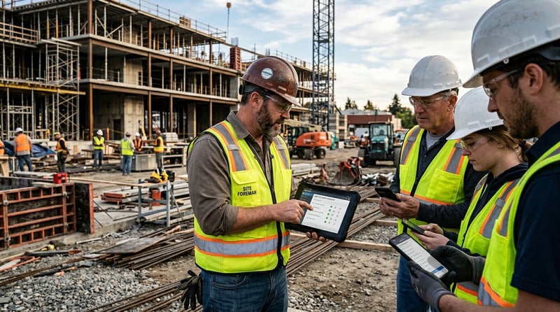 Foreman using a mobile JSA app with crew at active site