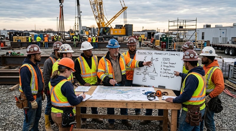 Construction team breaking a task into JSA steps before execution