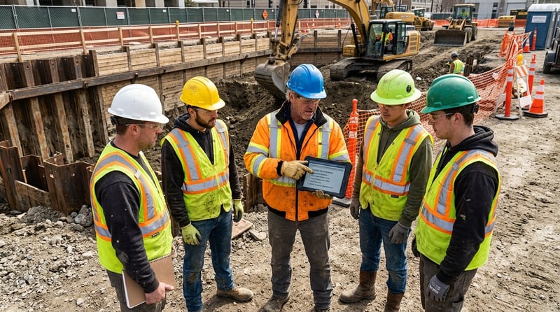 Field crew completing a job safety analysis checklist at the worksite