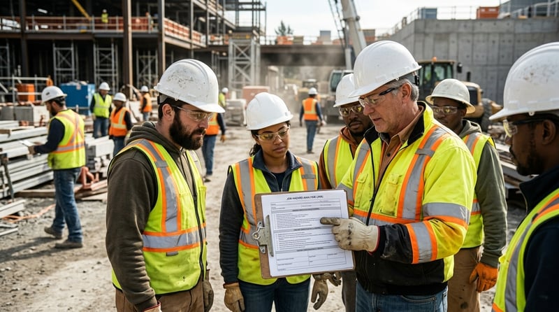 Construction crew reviewing a job hazard analysis before work starts