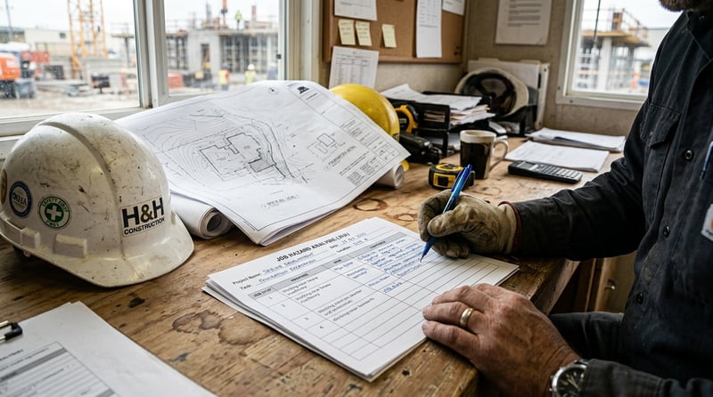 Supervisor filling out a practical job hazard analysis form with site plans
