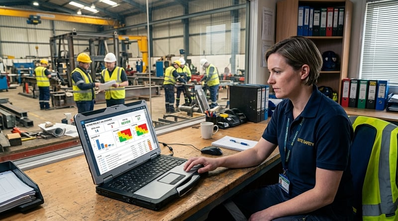 Safety manager evaluating digital job hazard analysis software with field context