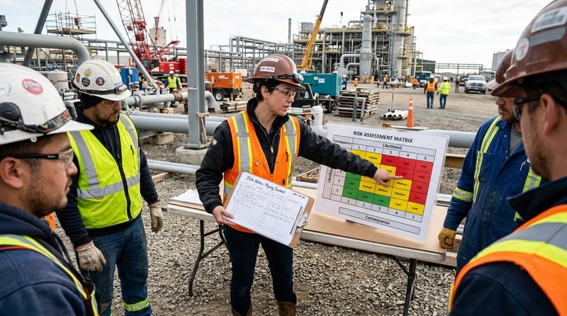 Field lead comparing JSA notes with a risk assessment matrix
