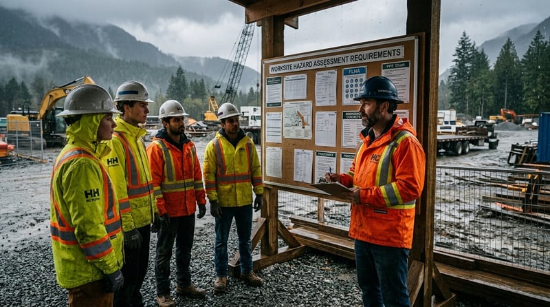 BC site crew reviewing hazard assessment requirements with a supervisor