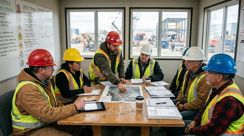 Joint health and safety committee meeting on a Canadian industrial job site reviewing hazards